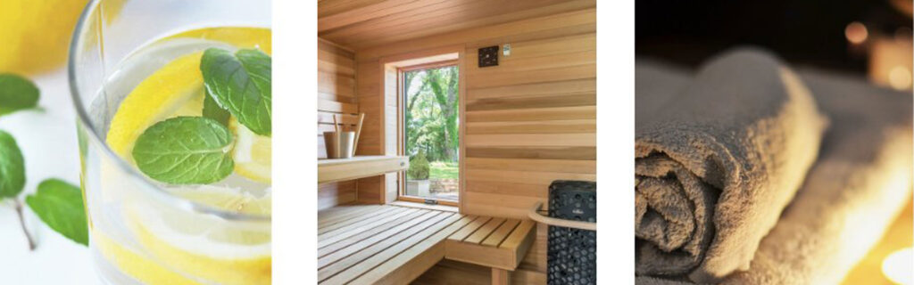Finnleo Sauna, lemon water, and towel