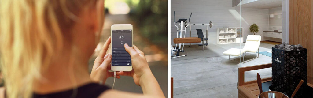 woman using Finnleo sauna remote